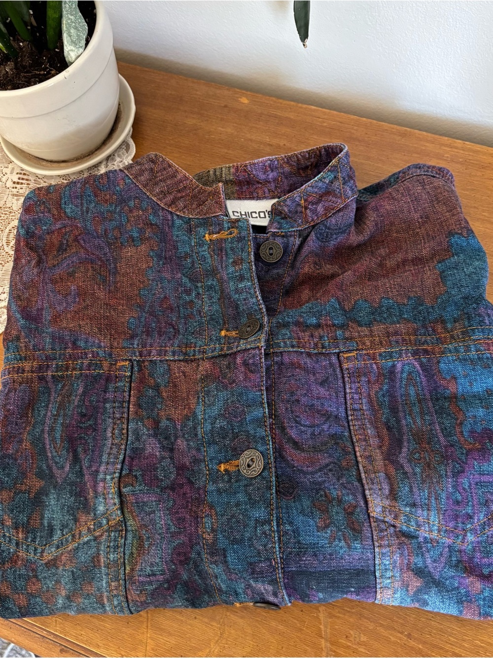 Chico's 1990s Vibrant Abstract Pattern Cotton Button Jacket - Blue, Purple, Rust